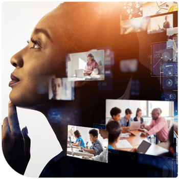 The profile of a Black woman with her hand against her chin as if she is thinking. Superimposed over her head are images of students in classrooms.